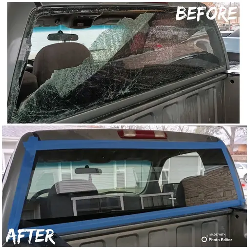 Before and after images of a 2-door, single cab pickup truck with a 1-piece stationary back glass, showing the smashed glass on the top and the repaired glass on the bottom in North San Antonio, Texas.