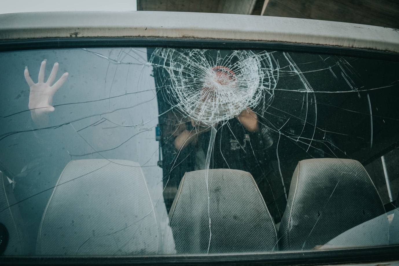 A cracked car windshield