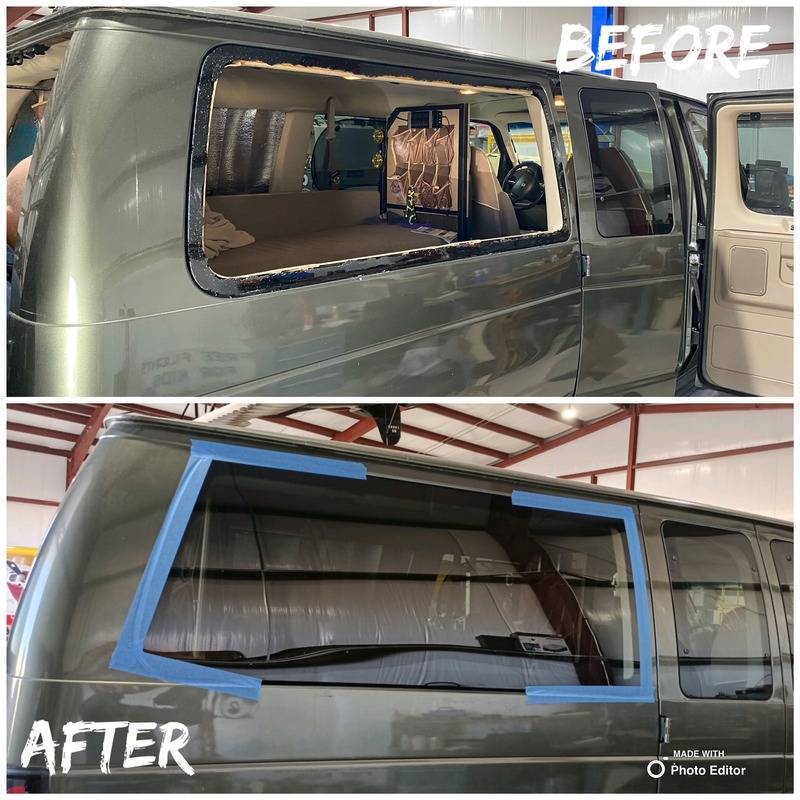 A split image presenting a before-and-after comparison of the right rear quarter glass on an extended passenger van at Lackland Air Force Base, San Antonio, Texas. The top half displays the completely broken quarter glass due to an accident, while the bottom half shows the expertly repaired glass following a home auto glass appointment.
