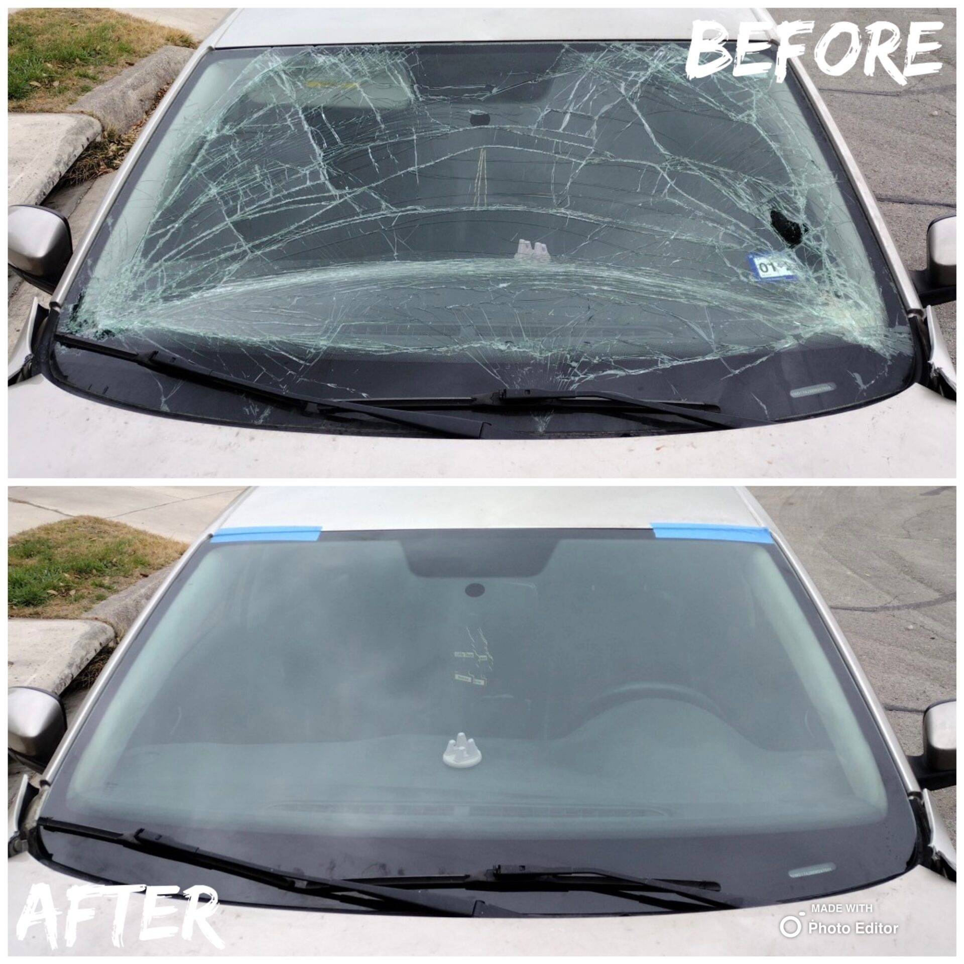 Before and after split-screen image: top shows smashed front windshield on a sedan, bottom displays new windshield installed in Selma, Texas.