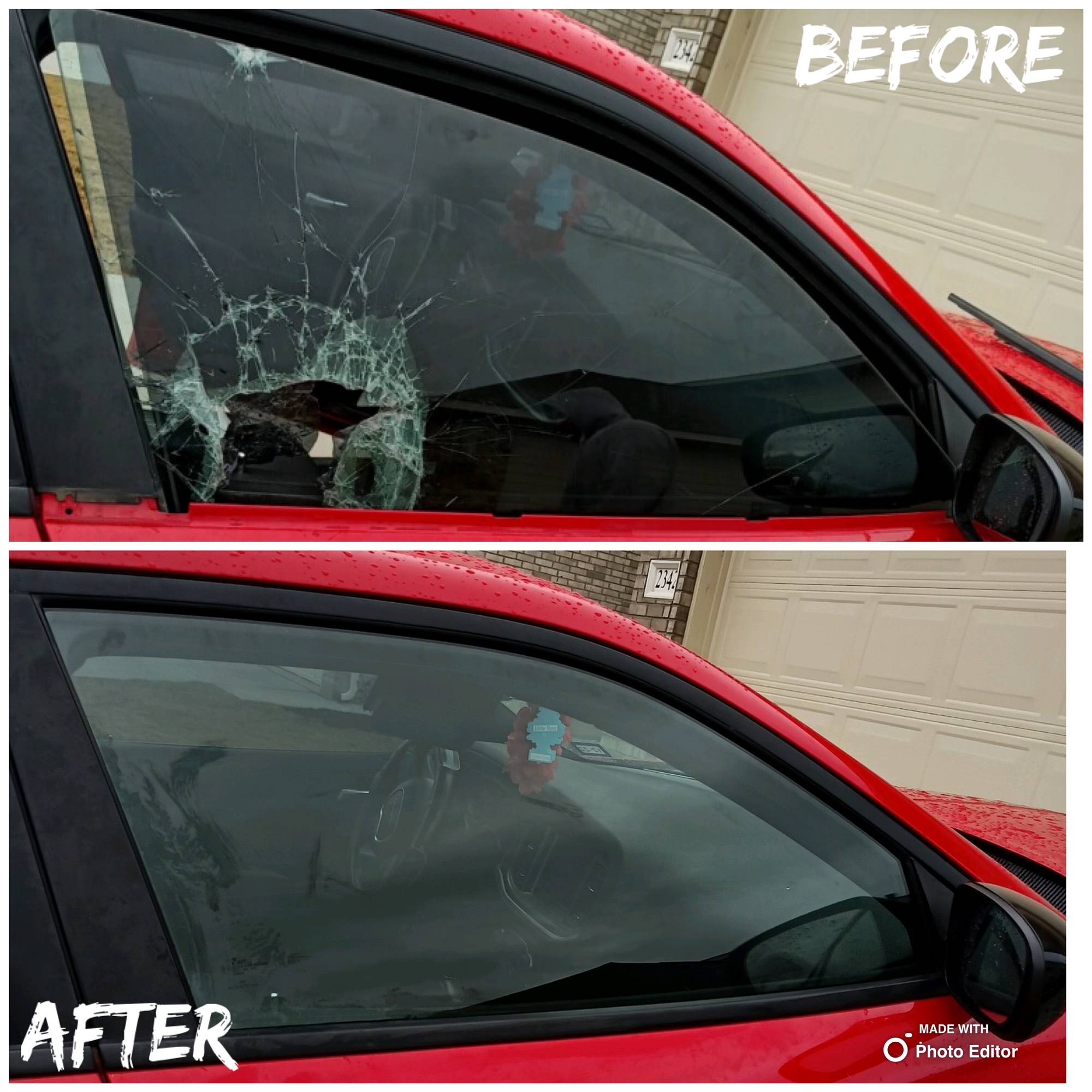 A split image showcasing a before-and-after comparison of a 2014 Dodge Charger's passenger side right front laminated door glass in Sea World, San Antonio, Texas. The top half displays the severe damage with numerous cracks from an attempted burglary. The bottom half illustrates the repaired state of the door glass after a home auto glass appointment.