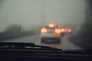 Low visibility due to water droplets on the windshield
