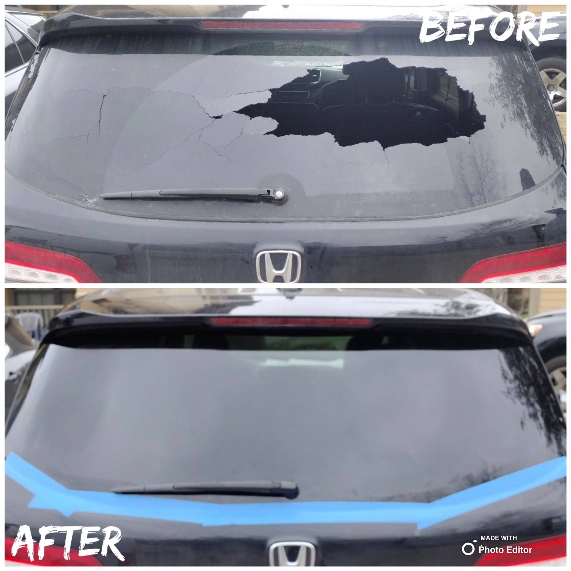 This split image showcases the repair of an SUV's rear windshield during a home auto glass appointment in Converse, Texas. The top half of the image reveals the broken-out rear windshield resulting from an accident. In contrast, the bottom half displays the expertly replaced factory privacy tinted rear windshield, restoring the vehicle to its original condition.