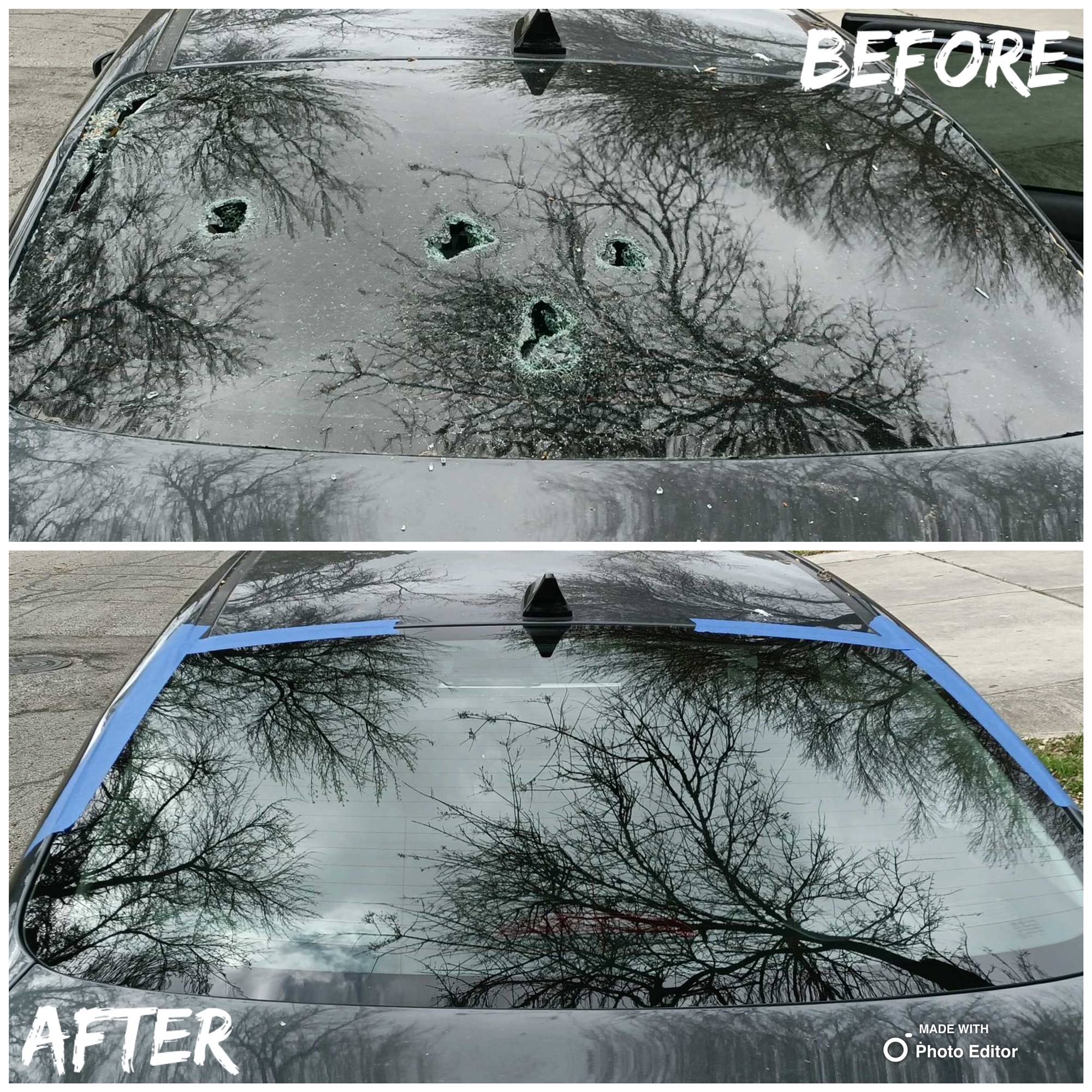 Before and after images of a sedan's dark tinted rear windshield, with the top image showing the damaged glass with 4 puncture holes from vandalism and the bottom image presenting the repaired glass in Northwest San Antonio, Texas.