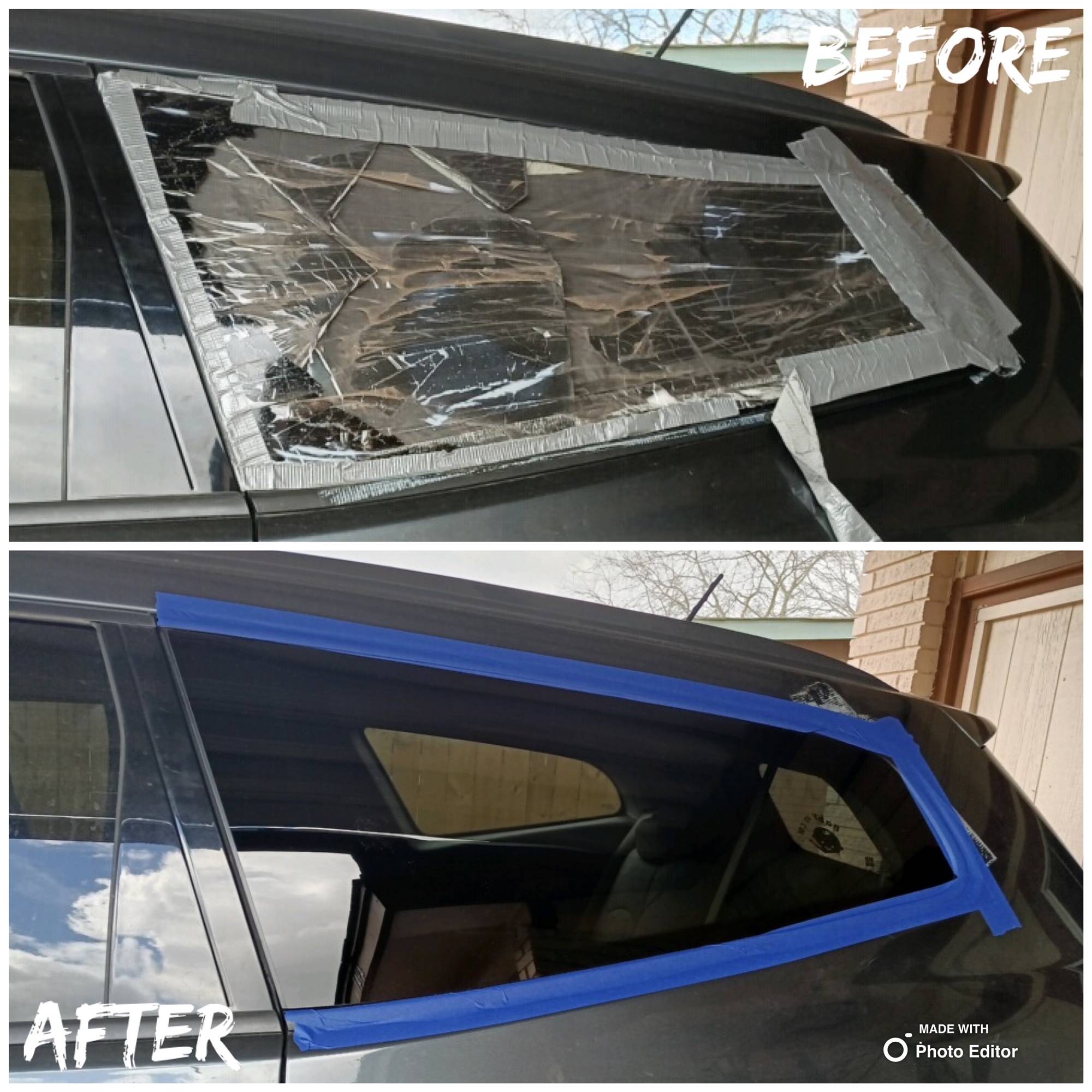 This split image captures the repair process of a dark green SUV's driver side left rear quarter glass during a home auto glass appointment at The Alamo in San Antonio, Texas. The top half displays the broken-out glass from an accident, while the bottom half demonstrates the expertly replaced factory privacy tinted quarter glass, returning the vehicle to its original state.