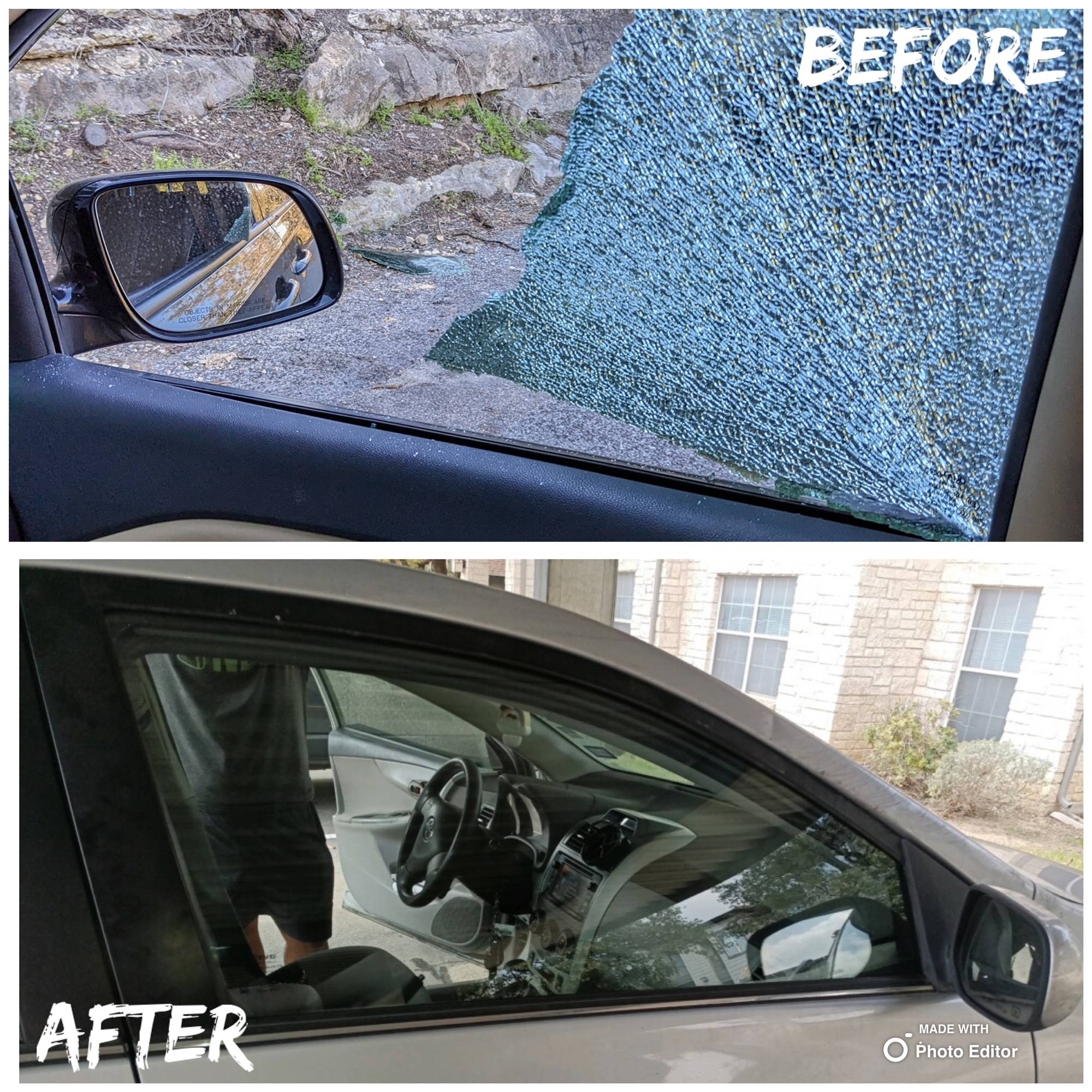 A split image displaying a before-and-after comparison of a sedan's passenger side right front tempered door glass in Helotes, Texas. The top half shows the complete shattering of the glass due to an attempted burglary. The bottom half presents the repaired state of the door glass after a home auto glass appointment.