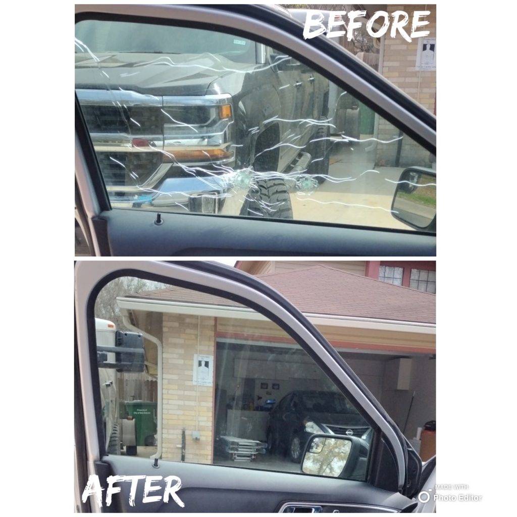 Split image for comparison of damaged and repaired driver side left front laminated door glass on a van in Marion, Texas.