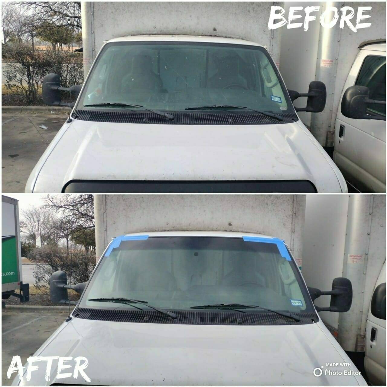 A split image showing a before-and-after comparison of a moving van's front windshield in LaVernia, Texas. The top half illustrates the damaged state of the windshield, while the bottom half reveals the restored windshield after a home auto glass appointment.