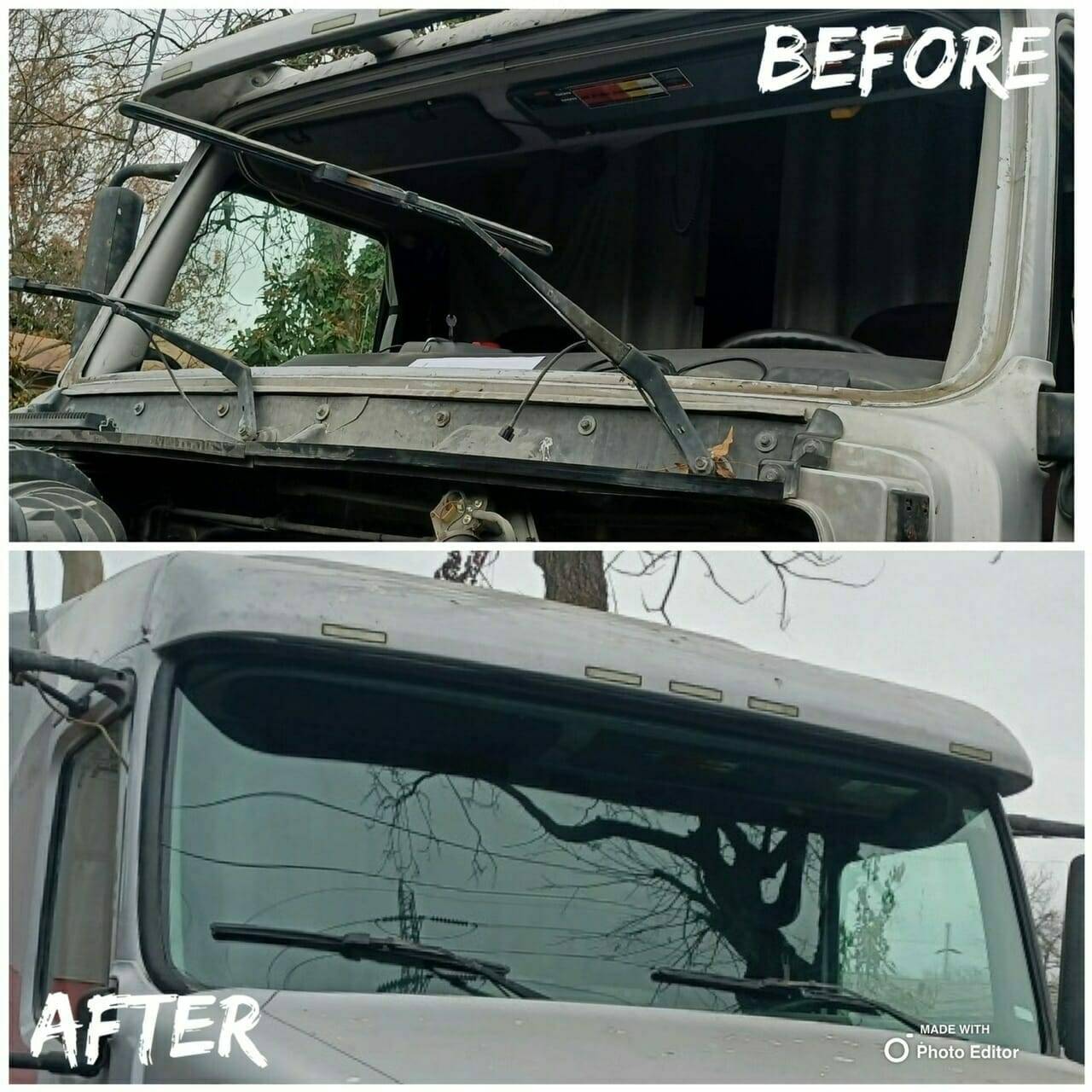 A compelling before-and-after snapshot showing the transformation of a severely damaged windshield on a 2014 Kentworth T680 in Leon Valley, Texas. The top half of the picture illustrates the initial state - a one-piece windshield severely cracked from flying road debris during transit. In contrast, the bottom half displays the new, unblemished windshield post-replacement. This illustrates our skilled and prompt commercial auto glass replacement service, fulfilling our commitment to ensure safety and restore visibility for commercial drivers with our on-site appointments.