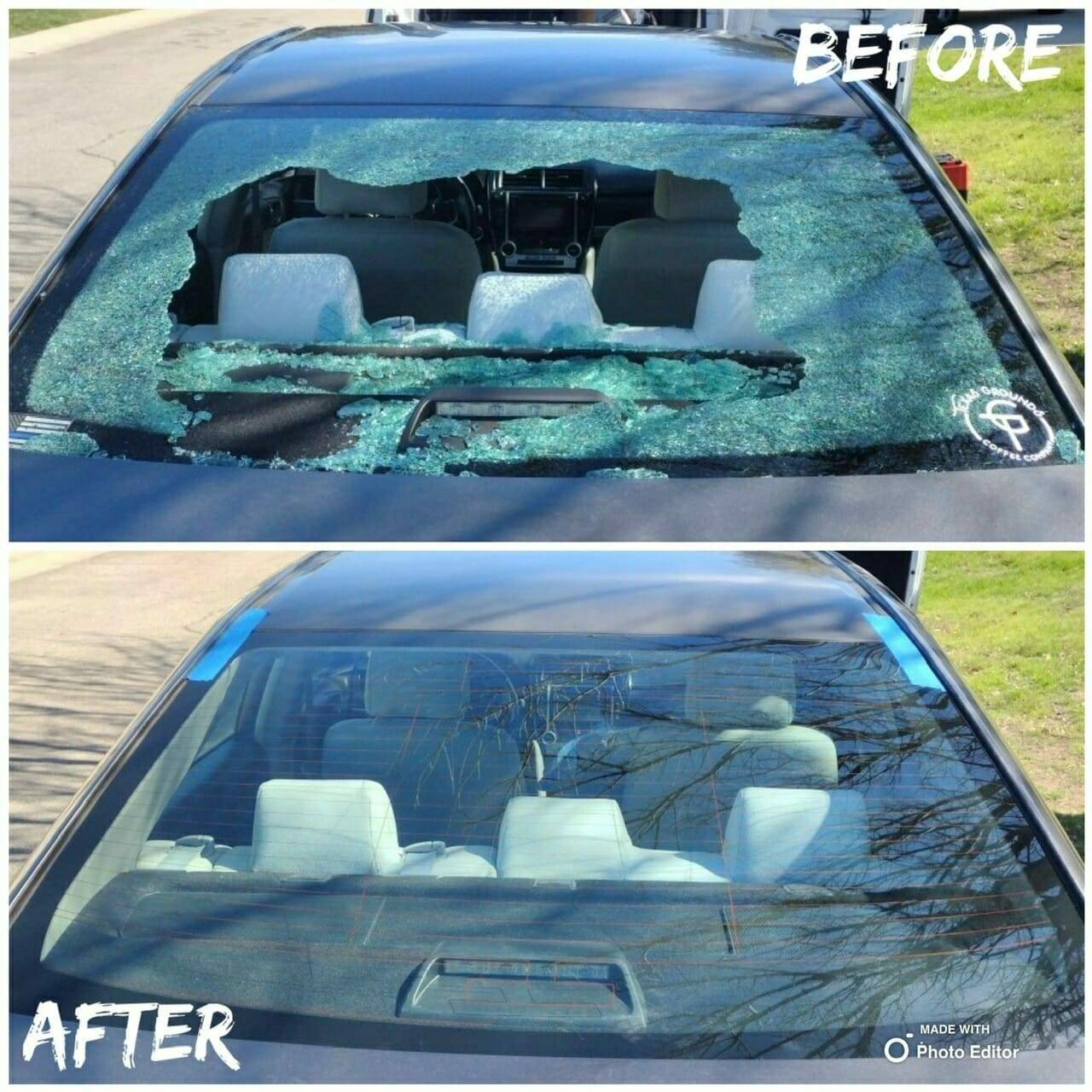 A split image showcasing a before-and-after view of a sedan's rear windshield in Leon Valley, Texas. The top half displays the initial damage caused by vandalism, with a smashed rear windshield. The bottom half shows the repaired state of the back glass after a home auto glass appointment.