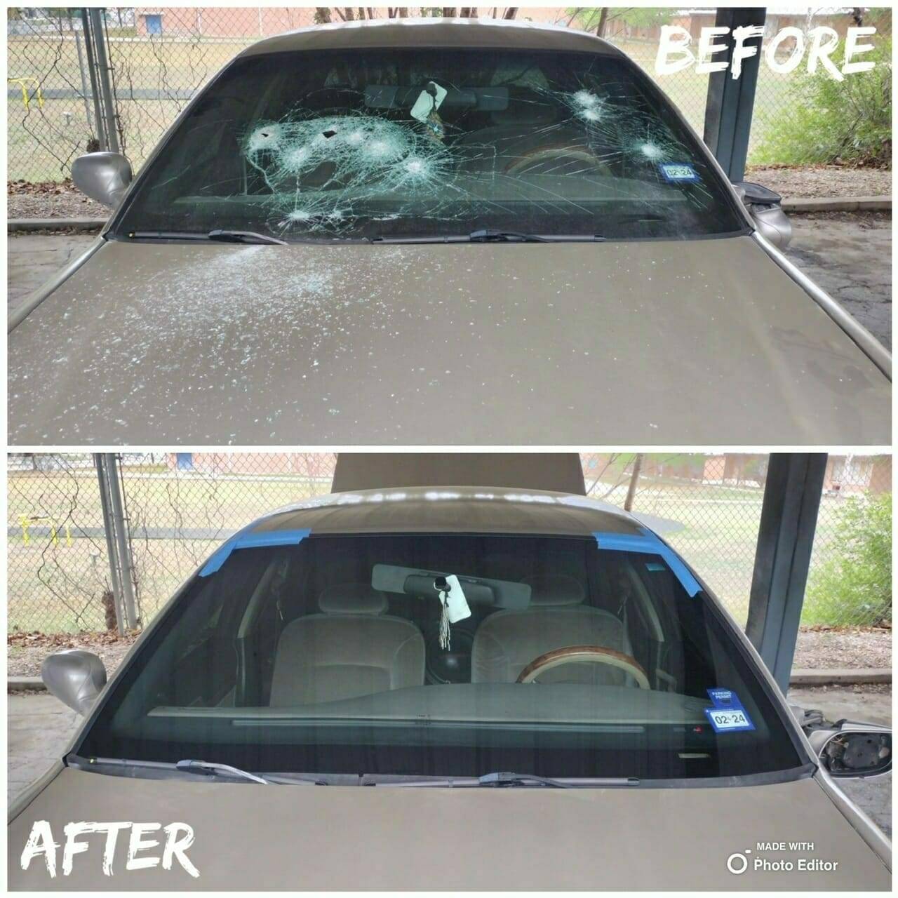 A split image illustrating a before-and-after view of a sedan's front windshield in China Grove, Texas. The top half reveals the initial damage with multiple points of impact on the broken front windshield. The bottom half displays the restored state of the windshield after a home auto glass appointment.