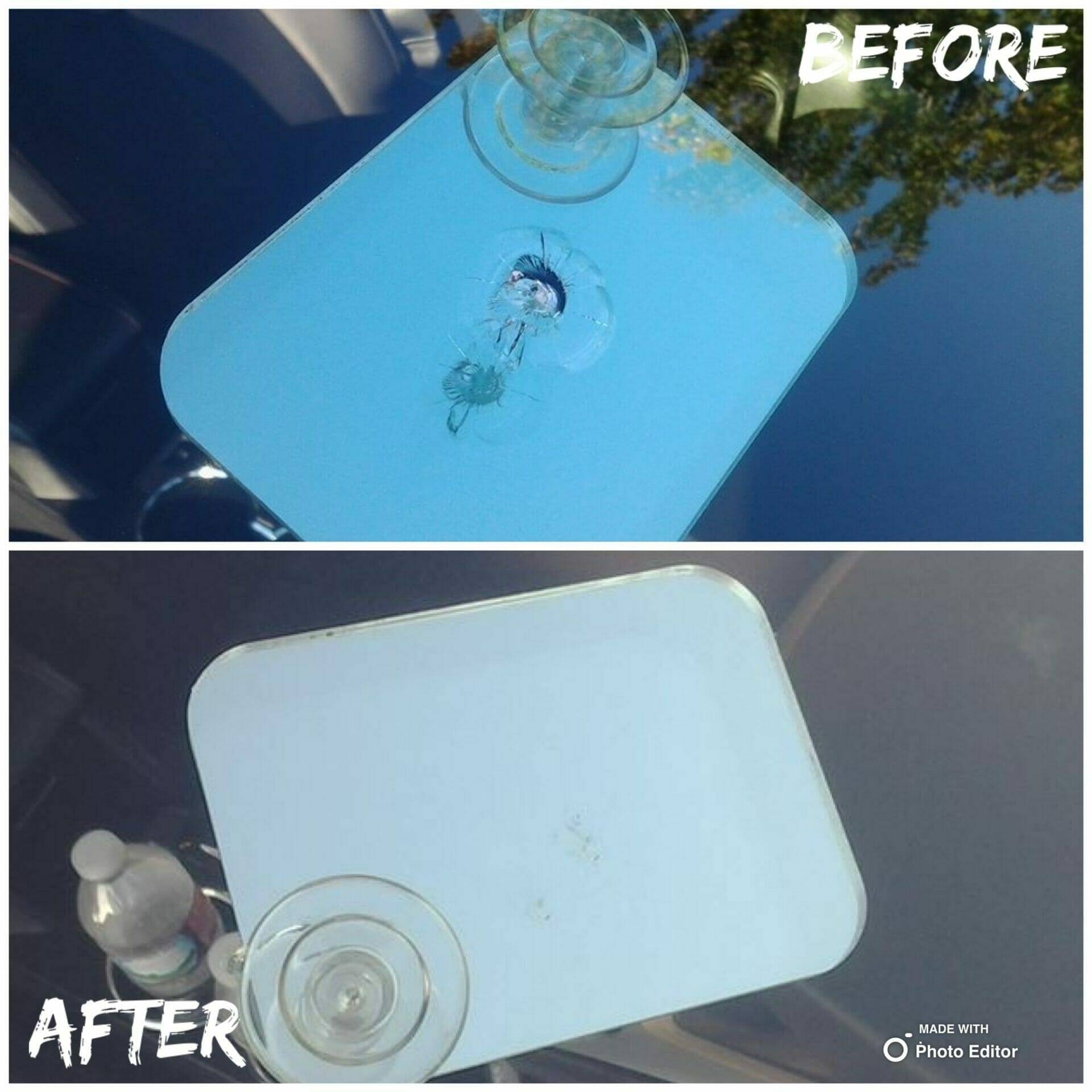This before and after image showcases our windshield repair work on a 14 Honda Civic Sedan in Shavano Park, Texas. The top half of the image shows the initial condition of the windshield, bearing a prominent rock chip. The lower half reveals the windshield post-repair, with the previous damage expertly addressed and no longer visible, demonstrating our commitment to delivering superior windshield repair services.