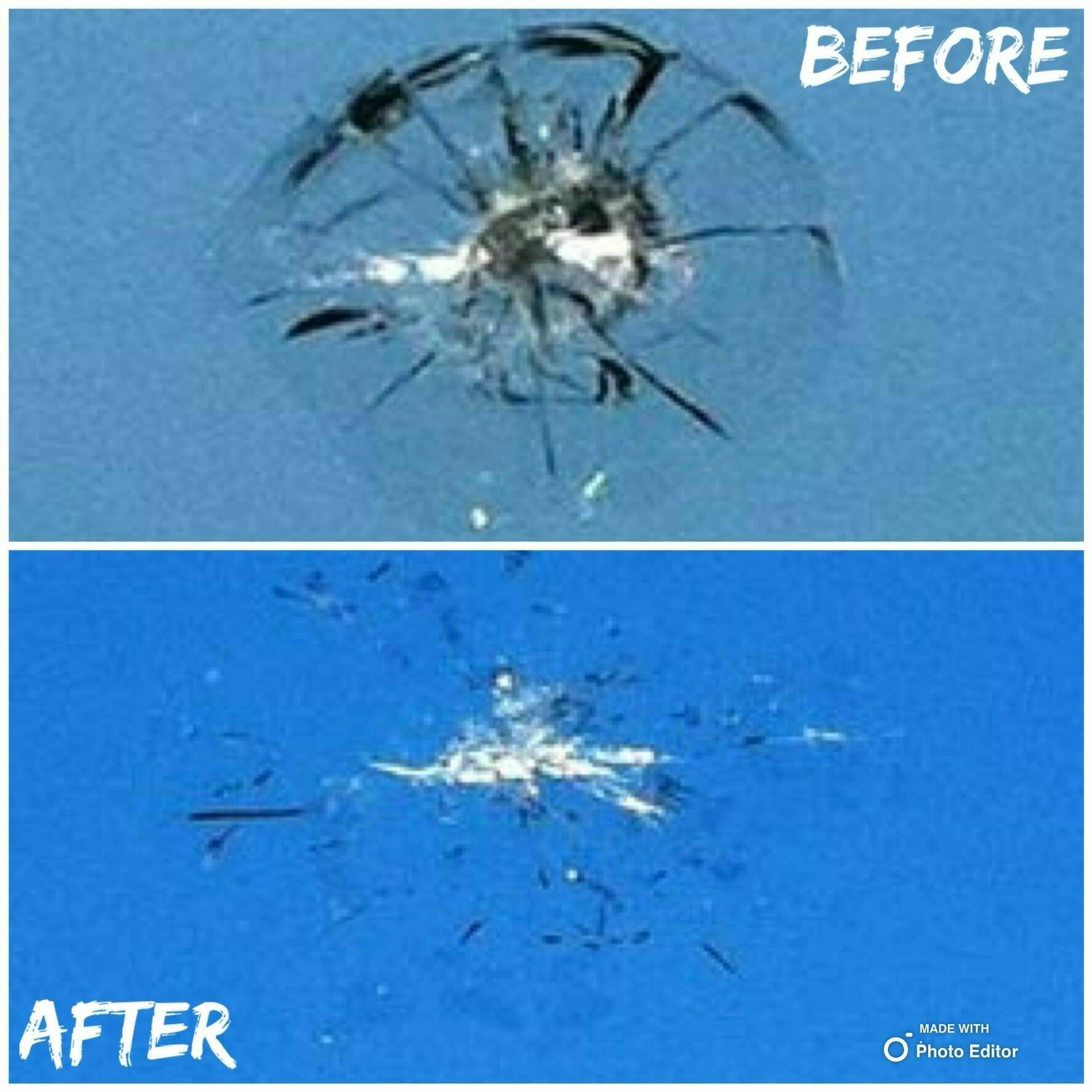 This composite image showcases the windshield repair work on an 09 Honda Accord Coupe in McAllister Park, San Antonio, Texas. The upper image displays the windshield's initial state with a noticeable rock chip. In contrast, the lower image highlights the outcome of the repair process, where the previously visible damage has been meticulously repaired and is no longer apparent, illustrating our dedication to high-quality windshield repair services.