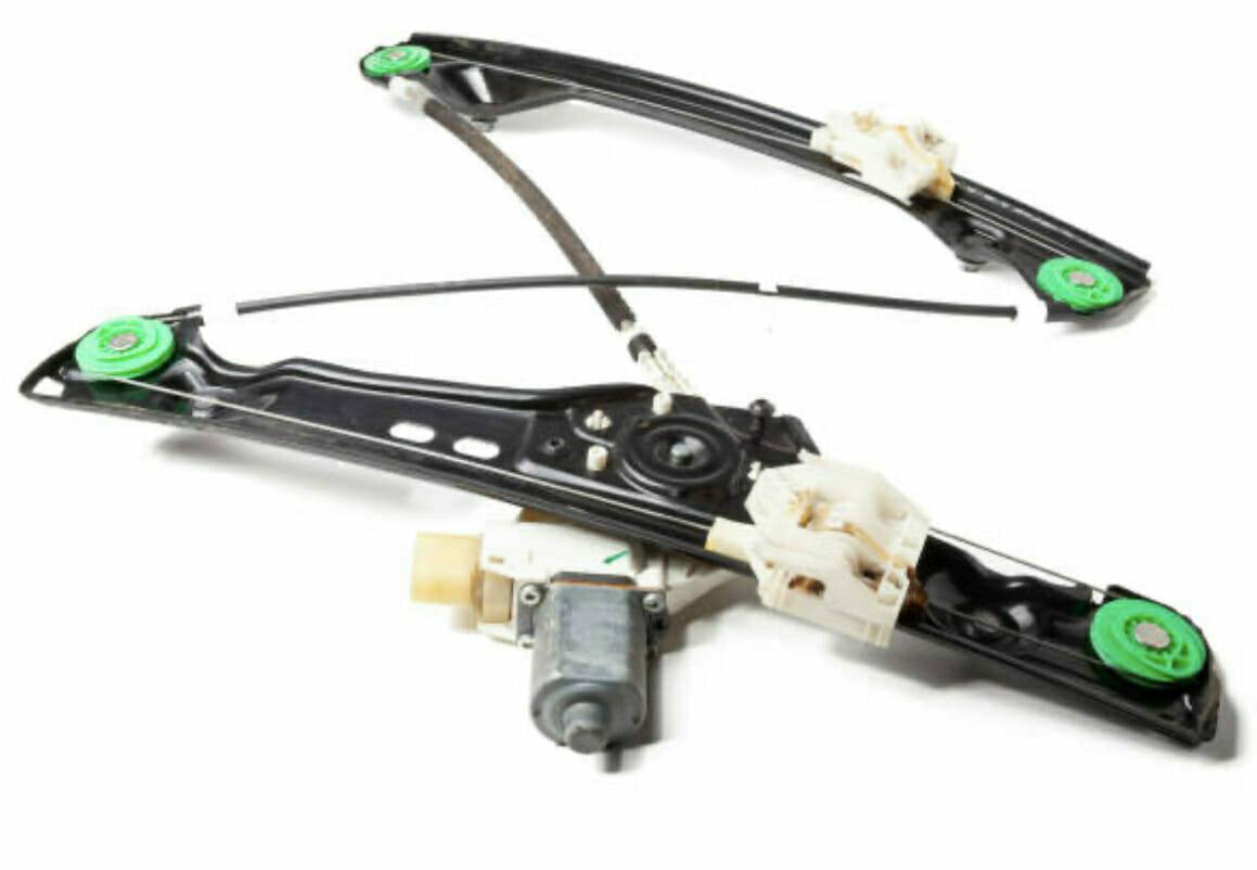 Featured in this image is an isolated car window regulator, a crucial component responsible for the smooth operation of car windows. Its complex design, visible here, includes a series of gears and a cable, which work together to regulate the movement of the window. This view can help familiarize oneself with the part and its workings.