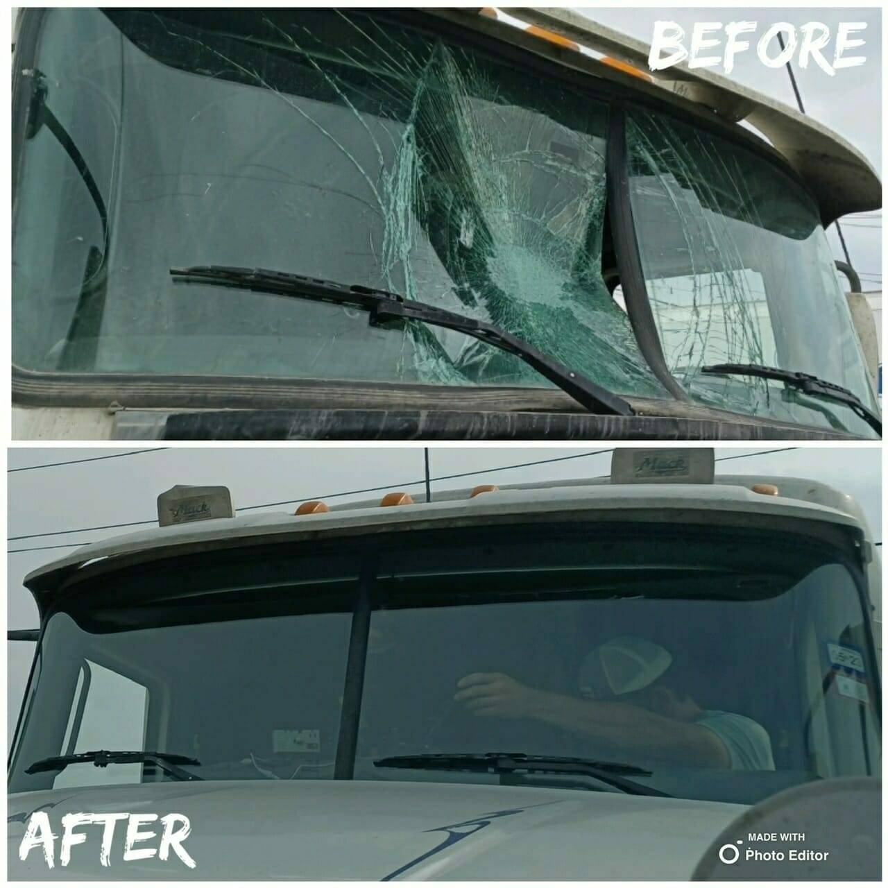 This before and after image showcases the effective repair of a 2017 Freightliner Cascadia semi-truck's front windshield in Northeast San Antonio, Texas. The top half features a 2-piece split windshield with severe damage in the center, caused by a collision with a hawk, breaking both windshields. The bottom half displays the truck after the repair, fitted with two new, clear, and intact front windshields, highlighting the quality of our windshield replacement service for commercial vehicles.