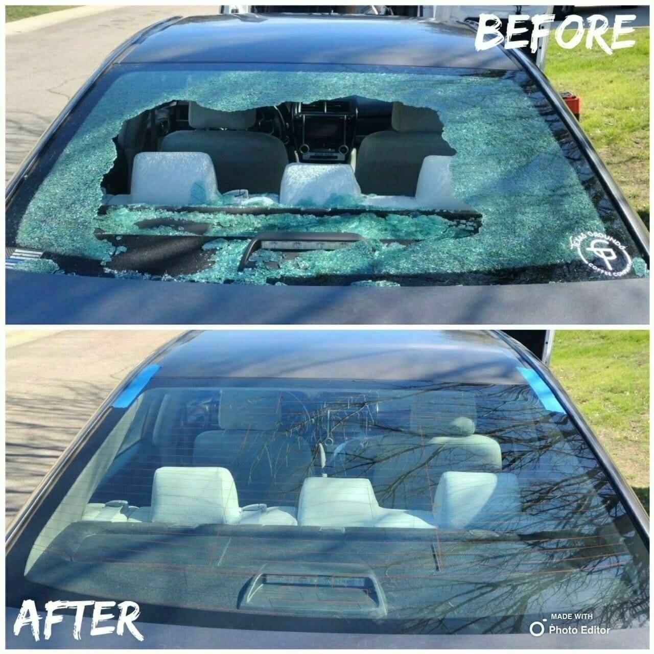 This before and after image demonstrates the successful repair of a sedan's rear windshield in South San Antonio, Texas. The top half features the damaged glass, smashed due to a break-in. The bottom half showcases the sedan after the repair, fitted with a new, clear, and intact back glass, highlighting the quality and effectiveness of our windshield replacement service.