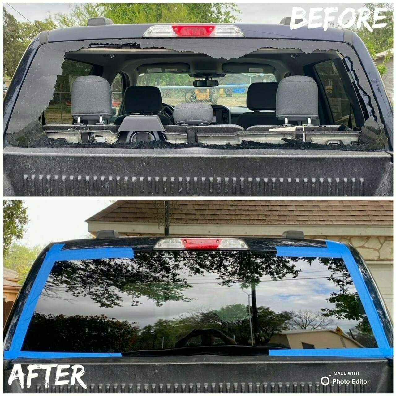This before and after image highlights the successful repair of a 4-door crew cab pickup truck's rear windshield in Shavano Park, San Antonio, Texas. The top half shows the tinted, stationary back glass with severe damage, as the entire glass is smashed in due to vandalism. The bottom half presents the truck after the repair, fitted with a new, clear, and intact tinted back glass, emphasizing the quality of our windshield replacement service.