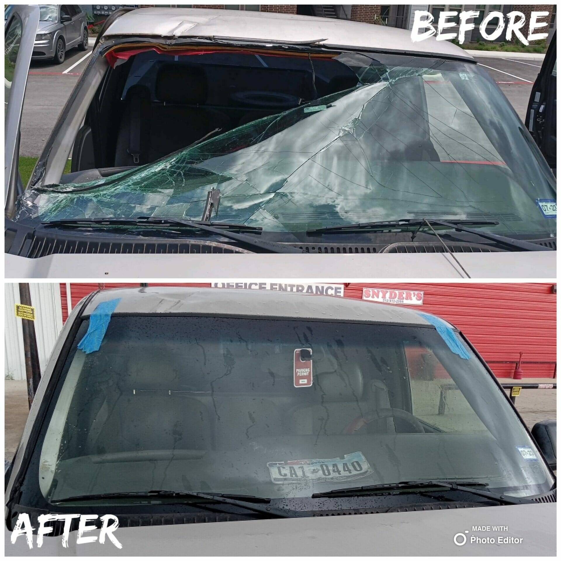 This split image shows the significant transformation of a sedan in East San Antonio, Texas, whose front windshield was completely shattered and partially removed due to a car accident. The top half depicts the damage prior to the repair, with fragments of the windshield visibly missing. The bottom half of the image displays the vehicle post-repair, exhibiting the newly replaced and intact windshield. The drastic change emphasizes the necessity of full replacement and quality workmanship offered by our home auto glass service.