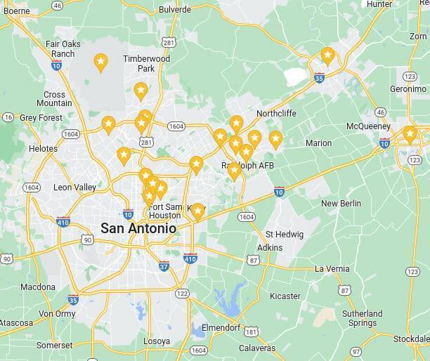 The image displays a Google Map of San Antonio, Texas and its surrounding areas, highlighting our mobile windshield replacement service coverage. Multiple marked locations on the map represent the areas and places we serve, focusing on North, Northeast, and East San Antonio regions. This visual aid helps customers understand our service reach and availability.