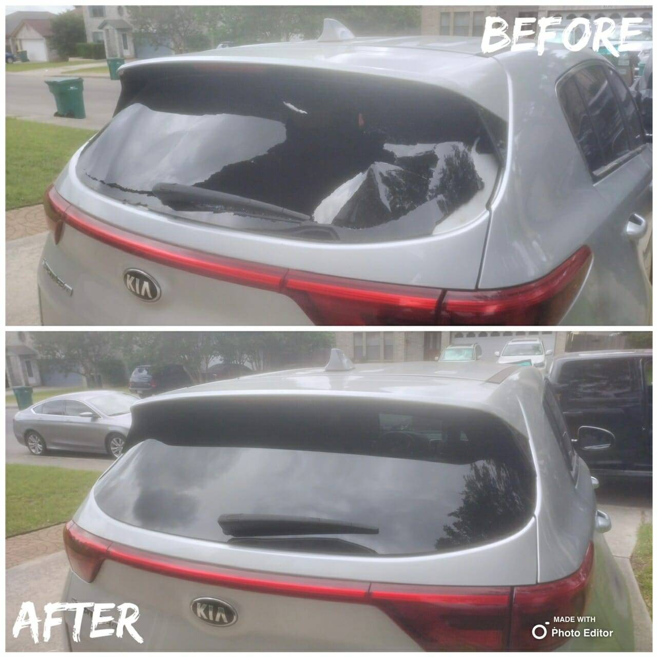 This before and after image demonstrates the successful repair of a Kia SUV's rear windshield at the UTSA campus in San Antonio, Texas. The top half features the damaged back glass with the entire center smashed in due to vandalism. The bottom half presents the SUV after the repair, fitted with a new, clear, and intact back glass, emphasizing the quality and effectiveness of our windshield replacement service in the San Antonio area, even on university campuses.