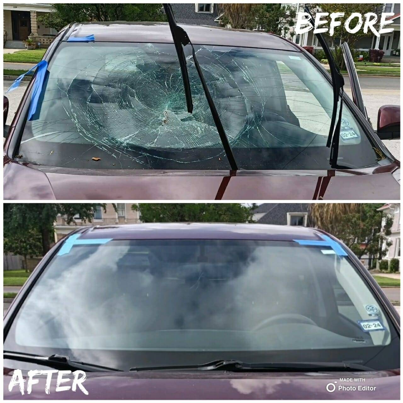 This before and after image showcases the effective repair of a SUV's front windshield in Boerne, Texas. The top half features the damaged glass, broken due to a large impact from an object. The bottom half presents the SUV after the repair, fitted with a new, clear, and intact windshield, highlighting the quality and effectiveness of our windshield replacement service in the Boerne area.