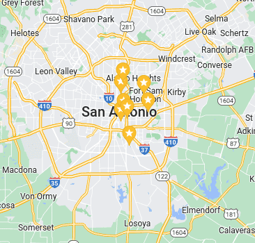 The image features a Google Map of San Antonio, Texas and its surrounding areas, emphasizing our mobile windshield replacement service coverage. Multiple marked locations on the map represent the areas and places we serve, focusing on Central and Downtown San Antonio regions. This visual aid helps customers understand our service availability and reach within these key urban areas.