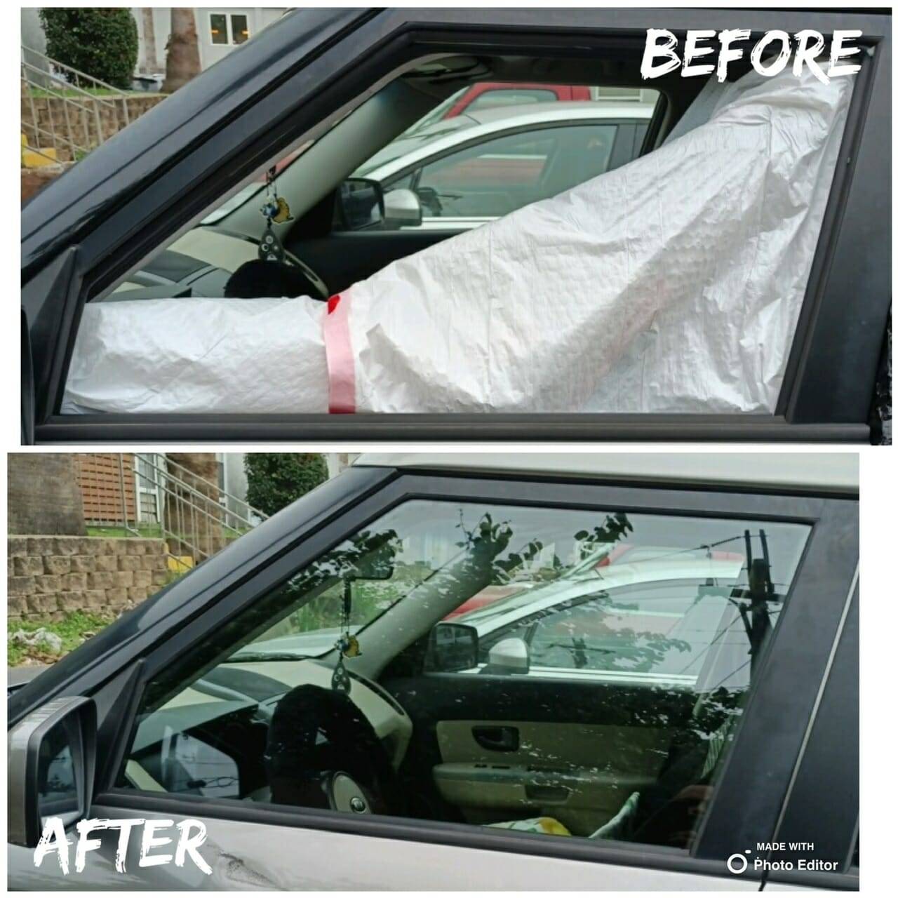 This split image illustrates the transformation of a sedan's driver side left front door glass during a home auto glass appointment in Marion, Texas. The top half of the image displays the completely shattered door glass after an attempted burglary, with a plastic bag serving as a temporary covering. The bottom half reveals the fully replaced and restored door glass, showcasing the significant improvement and quality workmanship involved in the process.