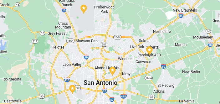 The image displays a Google Map of San Antonio, Texas and its surrounding areas, highlighting our mobile windshield replacement service coverage. Multiple marked locations on the map represent the areas and places we serve, focusing on the 4 main military bases in San Antonio. Camp Bullis, Fort Sam Houston, Randolph Brooks Air Force Base, and Lackland Air Force Base. This visual aid helps customers understand our service reach and availability.