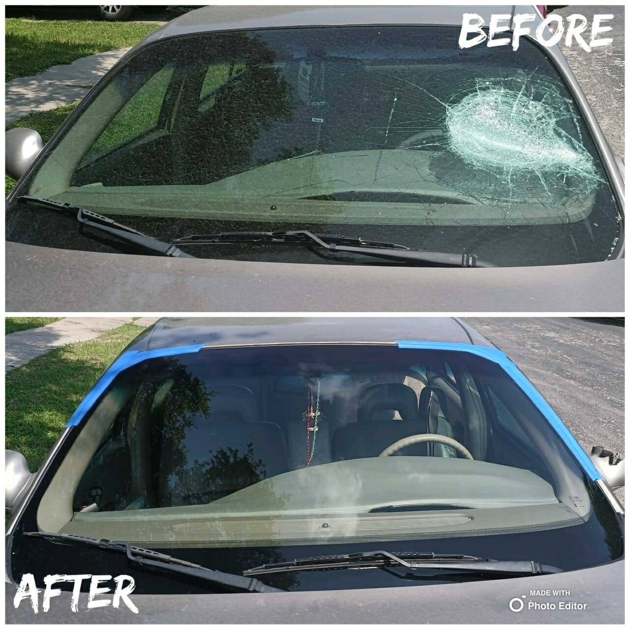 This before and after image highlights the repair of a car's front windshield in Kirby, Texas. The top half features a smashed windshield on the driver side, caused by a large rock due to vandalism. The bottom half presents the car after the repair, with a new, clear, and intact front windshield installed, showcasing the effectiveness of our windshield replacement service.