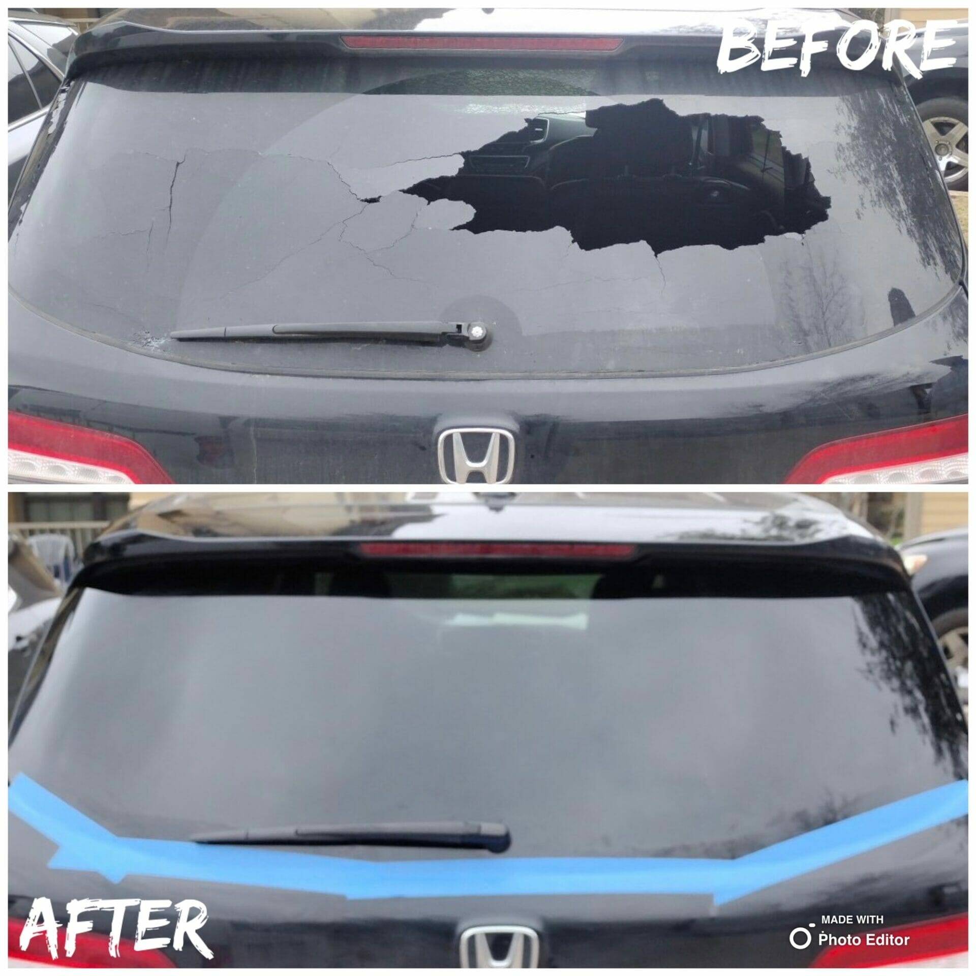 This before and after image highlights the successful repair of a Honda SUV's rear windshield in Live Oak, Texas. The top half features the damaged back glass with the entire center smashed in due to vandalism. The bottom half presents the SUV after the repair, fitted with a new, clear, and intact back glass, emphasizing the quality and effectiveness of our windshield replacement service in the Live Oak area.