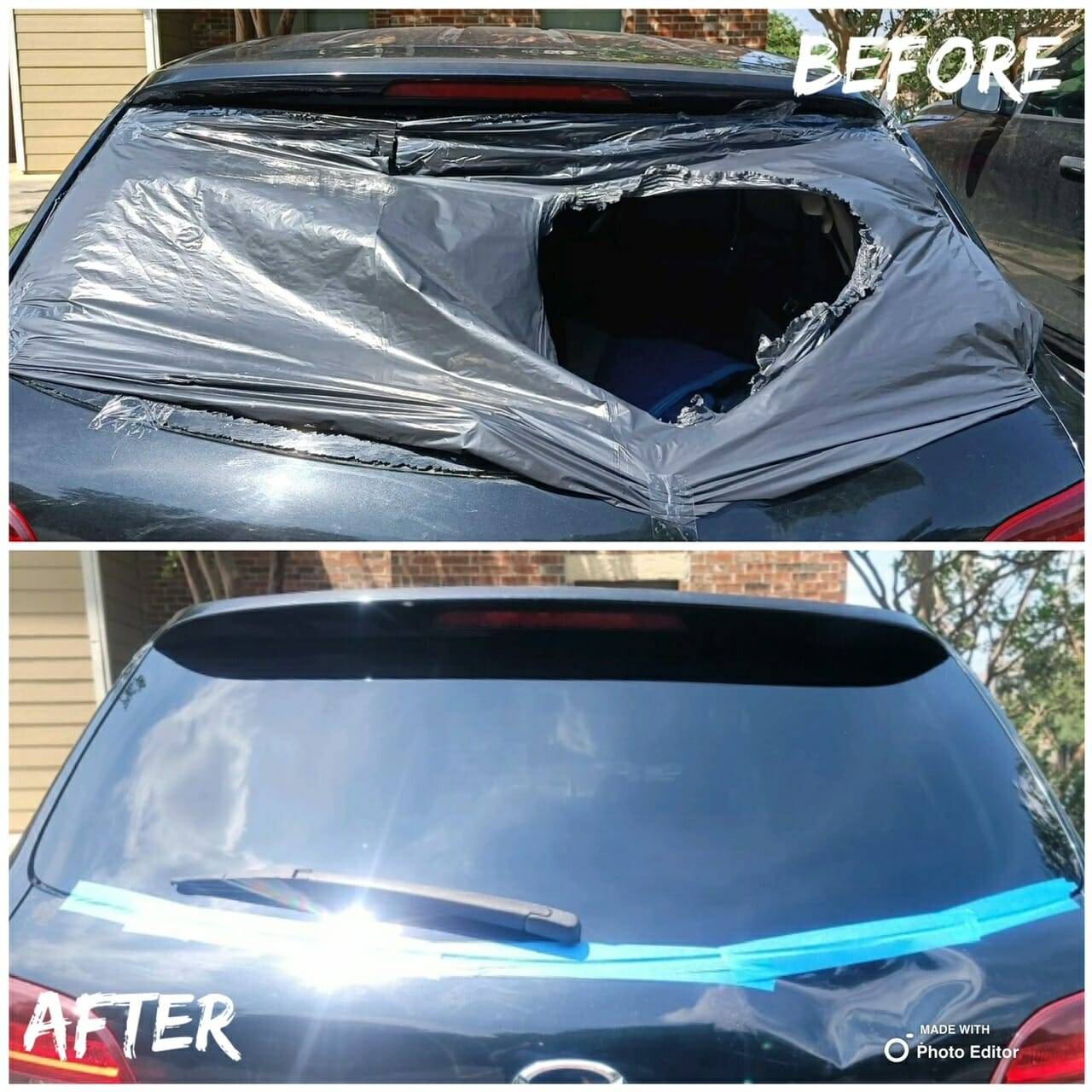 This before and after image captures the transformation of an SUV's rear windshield in Helotes, Texas. The top half displays a damaged windshield, smashed and covered by a large black plastic trash bag with a significant hole torn in it. The bottom half showcases the SUV after the repair, featuring a new, clear, and intact back glass installed.