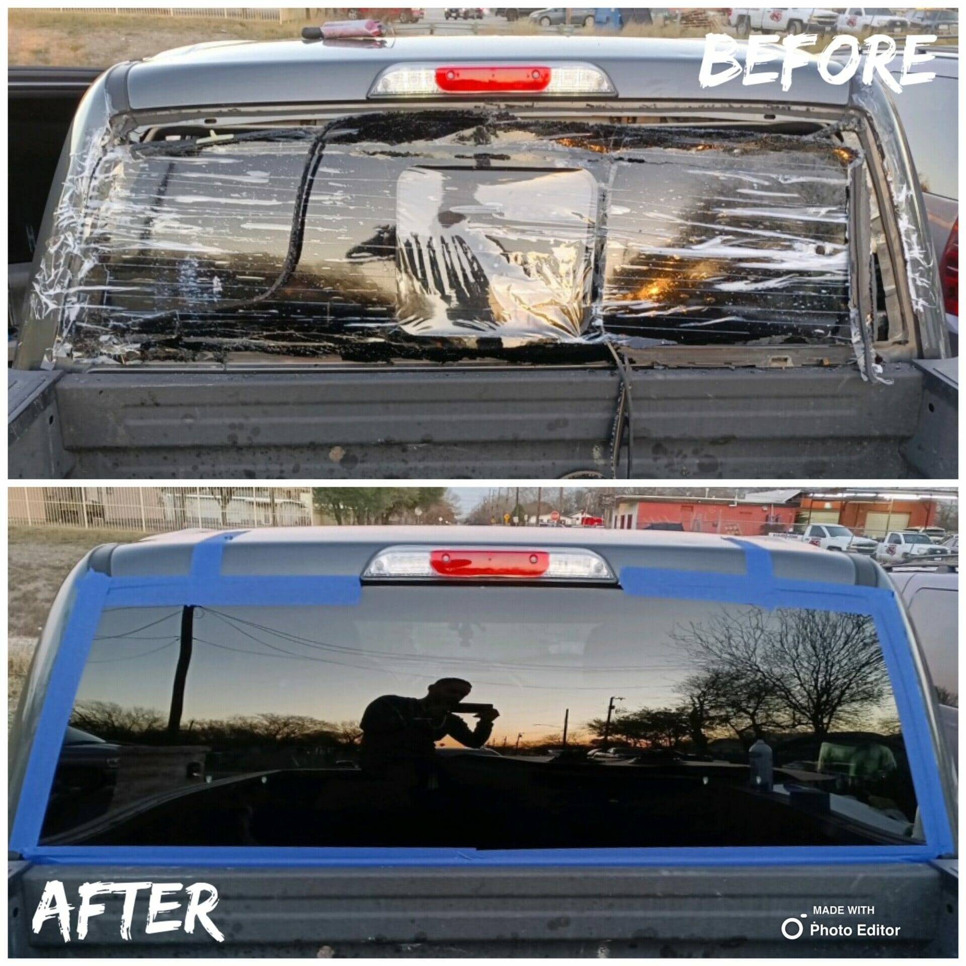 This before and after image highlights the successful repair of a pickup truck's rear windshield in Alamo Heights, Texas. The top half features the damaged glass, smashed due to vandalism. The bottom half presents the truck after the repair, fitted with a new, clear, and intact 1-piece stationary back glass, emphasizing the quality and effectiveness of our windshield replacement service in the Alamo Heights area.
