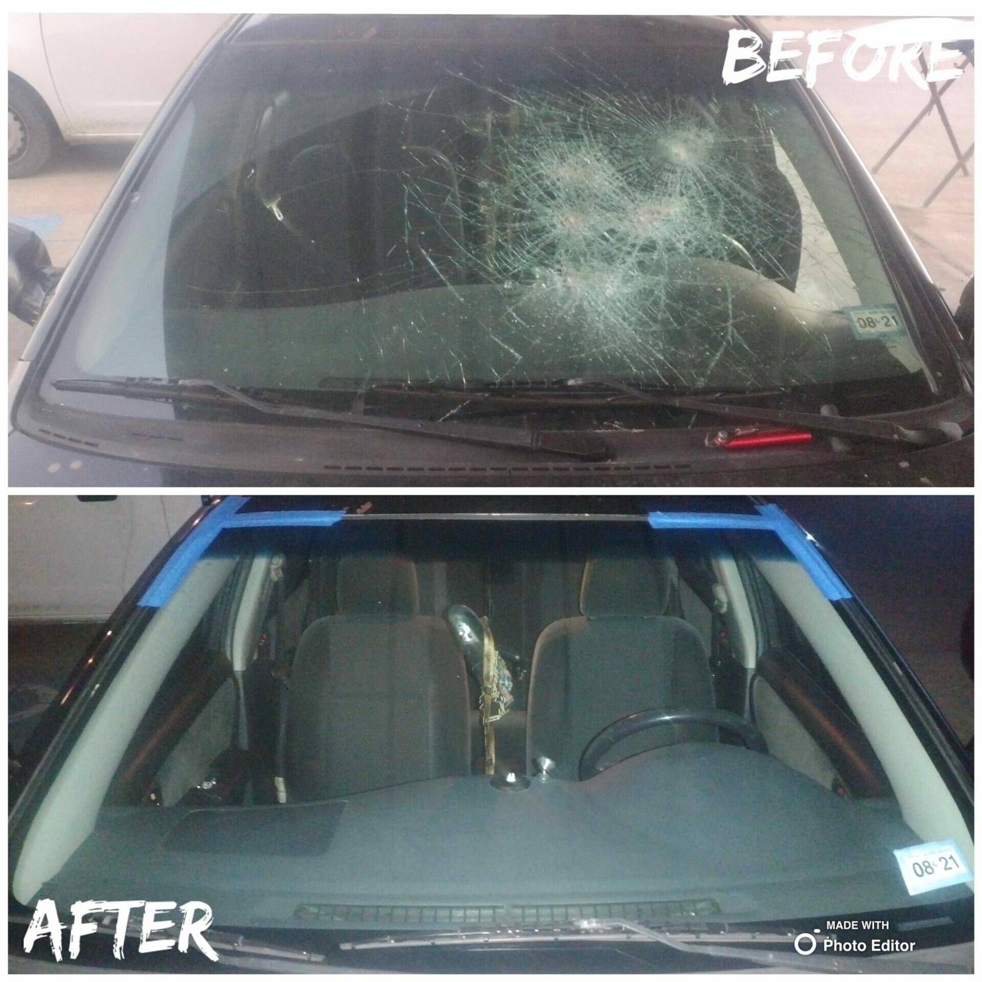 This before and after image showcases the effective repair of a sedan's front windshield in Converse, Texas. The top half features the damaged glass, broken due to several rock impacts. The bottom half presents the sedan after the repair, fitted with a new, clear, and intact windshield, highlighting the quality and effectiveness of our windshield replacement service in the Converse area.
