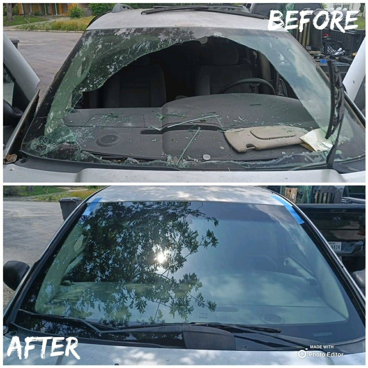 This before and after image demonstrates the successful repair of a car's front windshield in Elmendorf, Texas. The top half shows the windshield with severe damage, as the entire center is caved in due to vandalism. The bottom half displays the car after the repair, fitted with a new, clear, and intact front windshield, emphasizing the quality of our windshield replacement service.