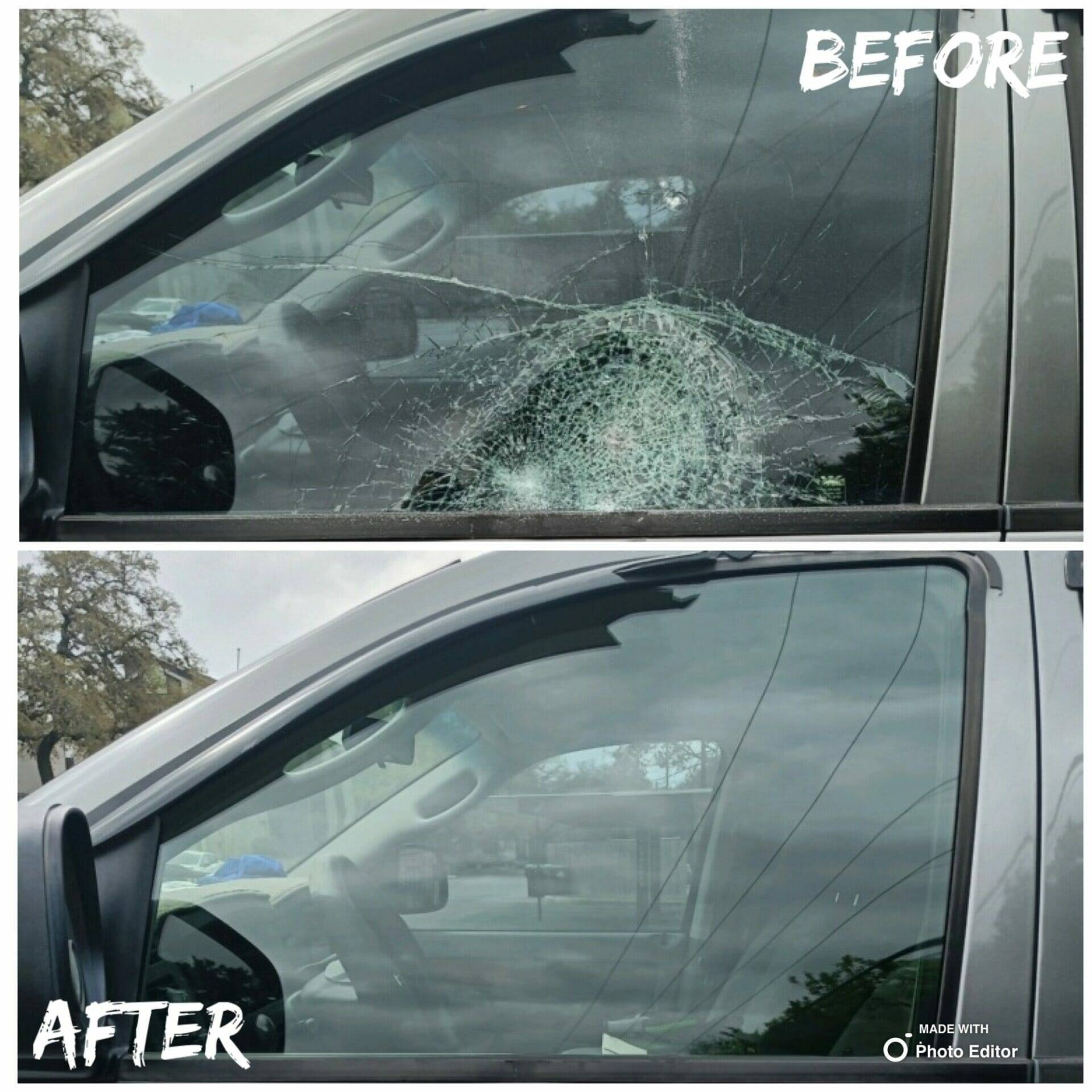 A split image displaying a before-and-after comparison of a pickup truck's driver side left front laminated door glass in Fiesta Texas Six Flags, San Antonio, Texas. The top half reveals the initial damage with several cracks from an attempted burglary. The bottom half shows the repaired state of the door glass after a home auto glass appointment.