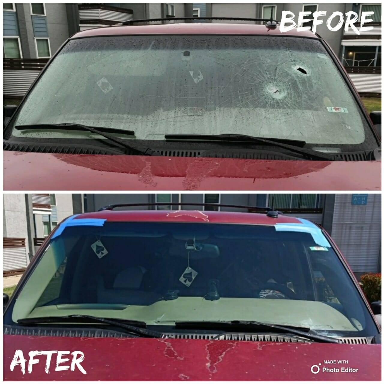 This split image showcases the repair process of a large SUV's front windshield during a home auto glass appointment at the AT&T Center in San Antonio, Texas. The top half of the image reveals the damaged windshield with several puncture holes from vandalism, while the bottom half displays the skillfully replaced 1-piece stationary factory privacy tinted windshield, restoring the vehicle to its original condition.