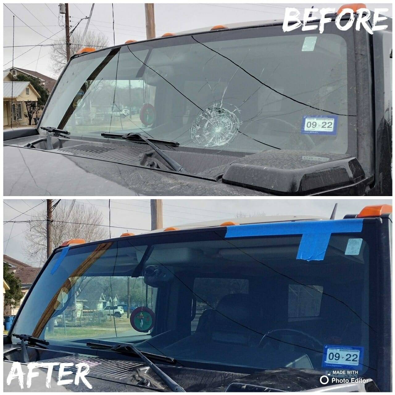 A split image displaying the before-and-after state of the front windshield on a 2010 Hummer H3 pickup truck at The Riverwalk, San Antonio, Texas. The top half shows the broken windshield due to an accident, while the bottom half highlights the professionally replaced windshield after a home auto glass appointment.