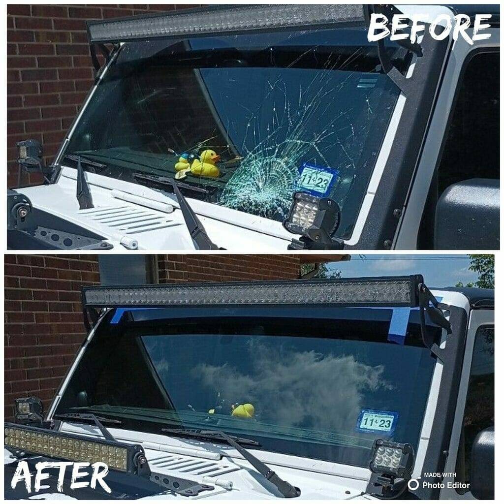 Jeep windshield with extensive cracking before replacement and replacement glass installed afterward.