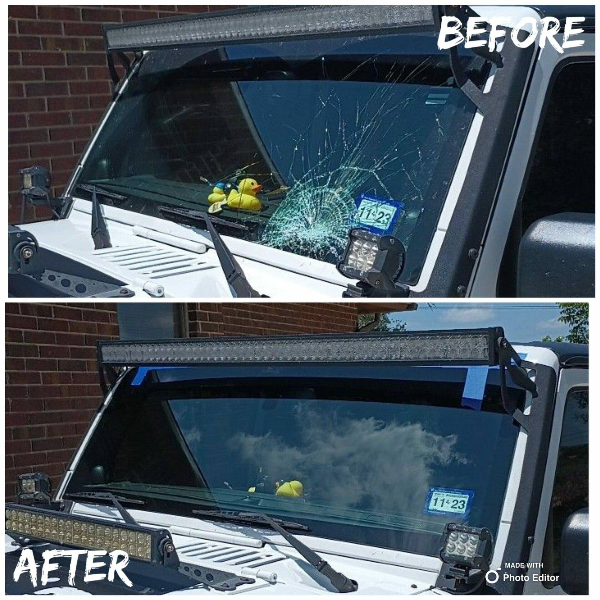 Pre and post repair images: broken 2018 Jeep Wrangler front windshield before repair, new windshield after replacement in Castle Hills, San Antonio, Texas.