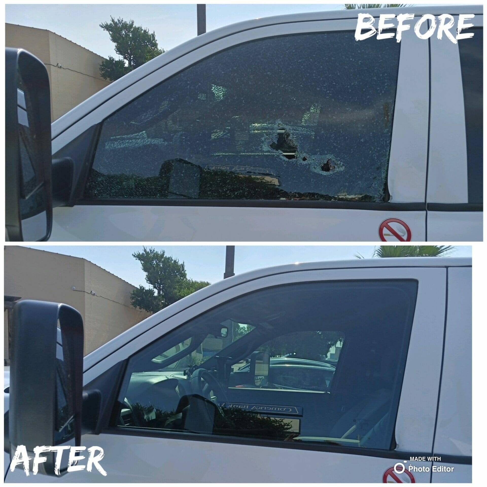 Split-screen comparison: shattered left front door glass on a pickup truck before repair, new door glass after replacement in Cibolo, Texas.