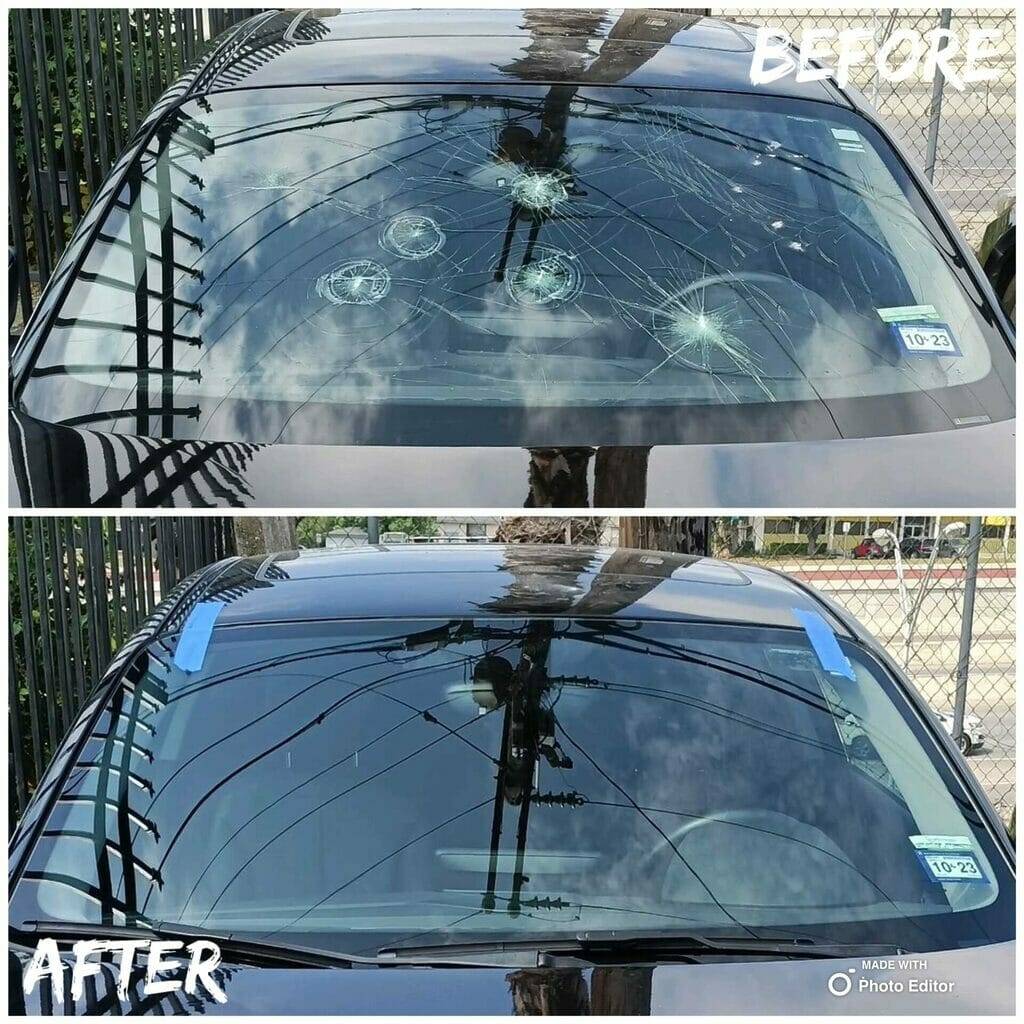 Windshield with several impact points and long cracks before replacement, and replacement glass installed afterward.