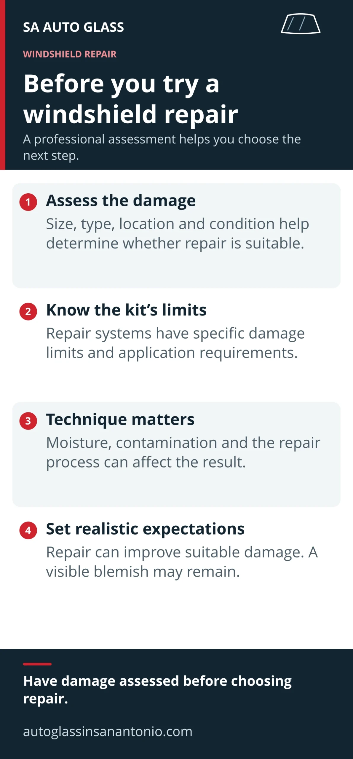 Four considerations before attempting windshield repair: assess the damage, check repair-system limits, follow the required process and expect possible residual blemishes.