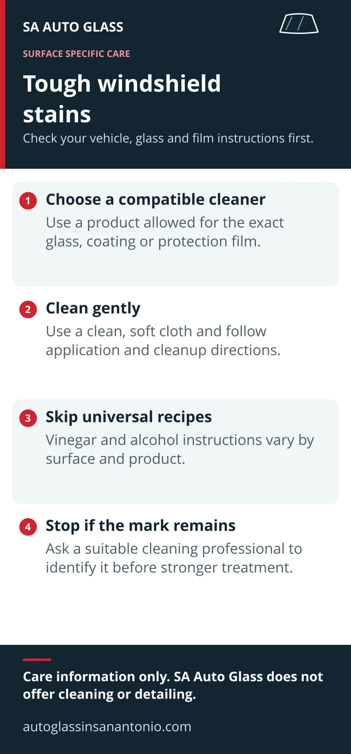 Windshield stain care: choose a surface-compatible cleaner, use a soft cloth, follow product-specific instructions and seek advice for persistent marks. Full guidance follows.