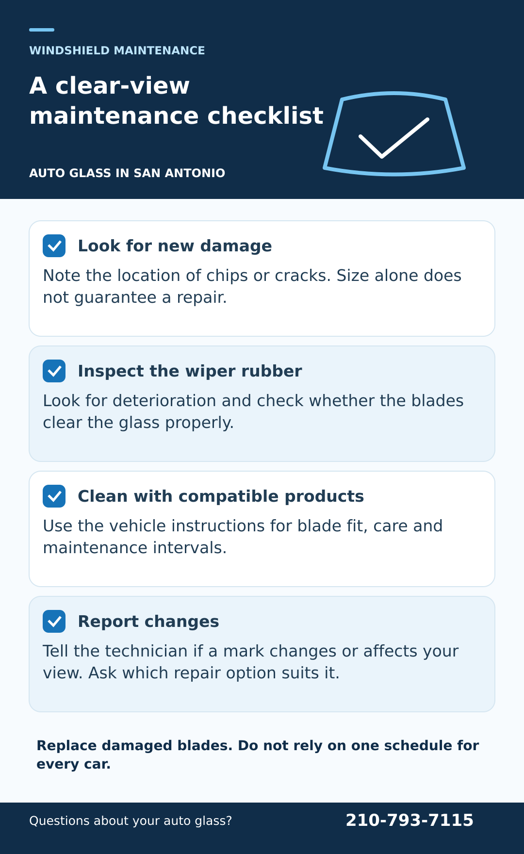 A practical windshield maintenance checklist. Illustrated checklist; the accompanying text provides the full guidance.