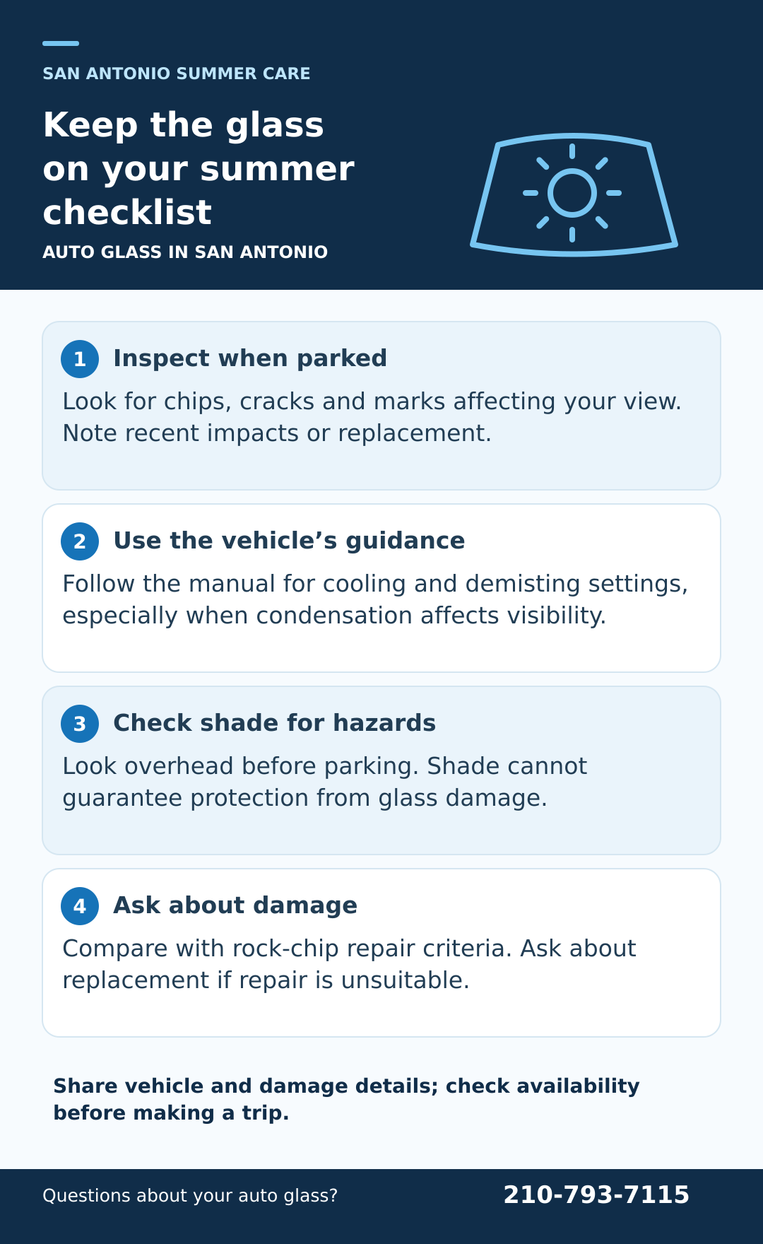 Checking your windshield during San Antonio’s summer heat. Illustrated checklist; the accompanying text provides the full guidance.