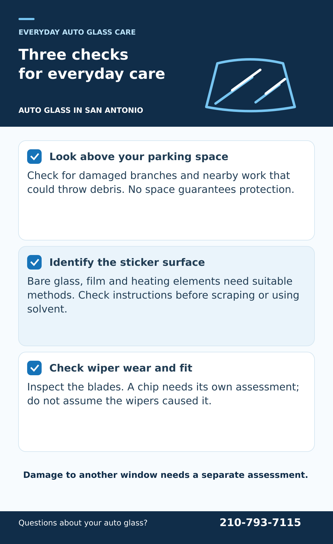 Three everyday checks for looking after auto glass. Illustrated checklist; the accompanying text provides the full guidance.
