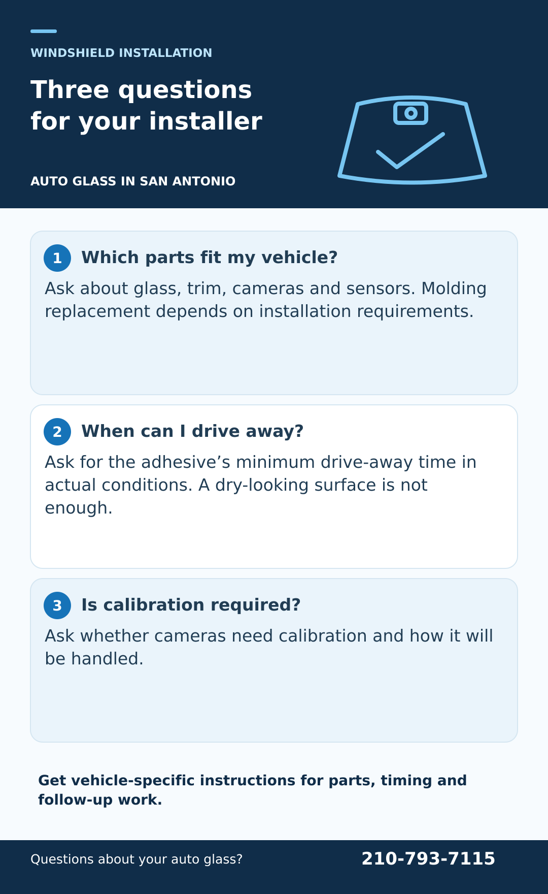 Three questions to ask about windshield installation. Illustrated checklist; the accompanying text provides the full guidance.