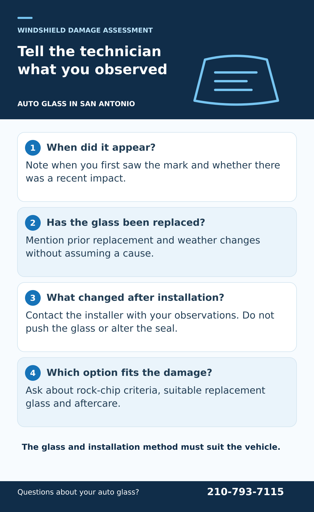 What to check when a windshield develops damage. Illustrated checklist; the accompanying text provides the full guidance.