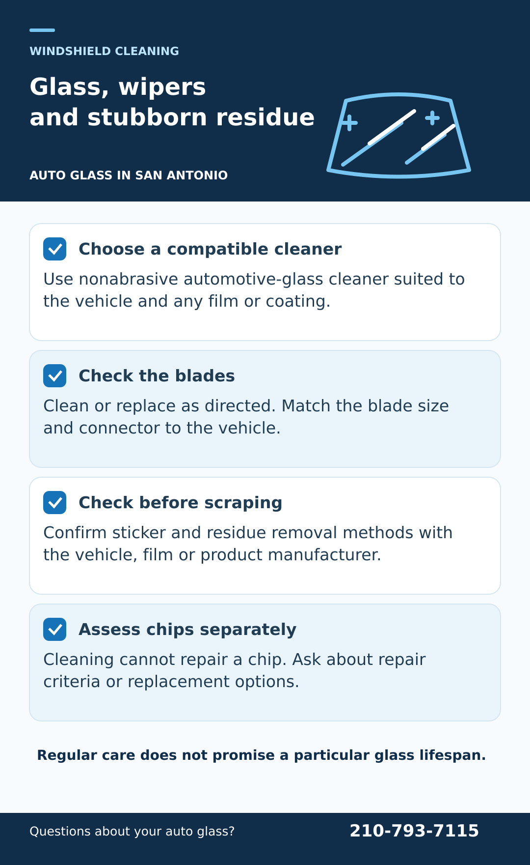 Windshield care: cleaning, wipers and stubborn residue. Illustrated checklist; the accompanying text provides the full guidance.