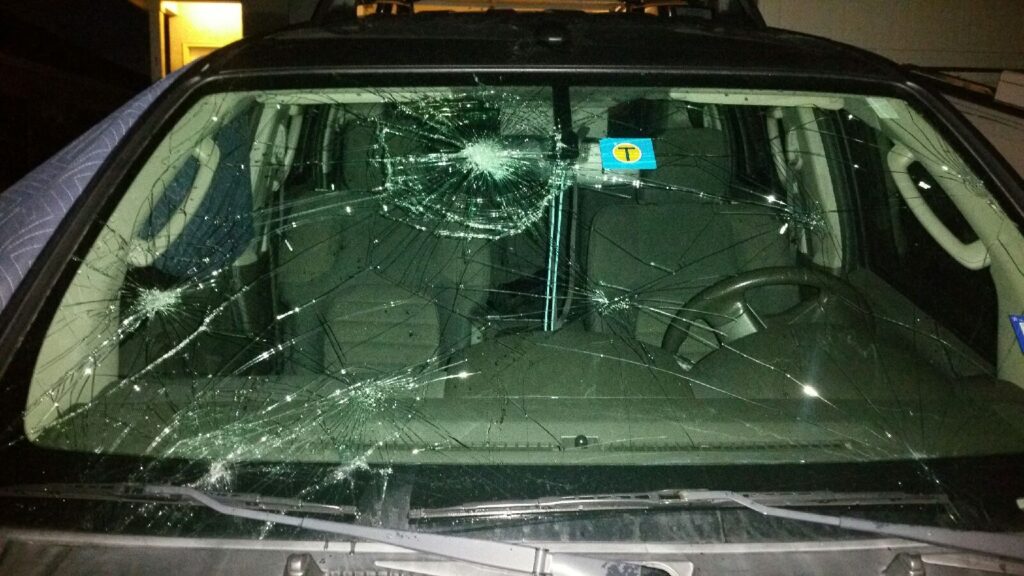 Front view of a windshield with branching cracks and several dense fracture clusters.